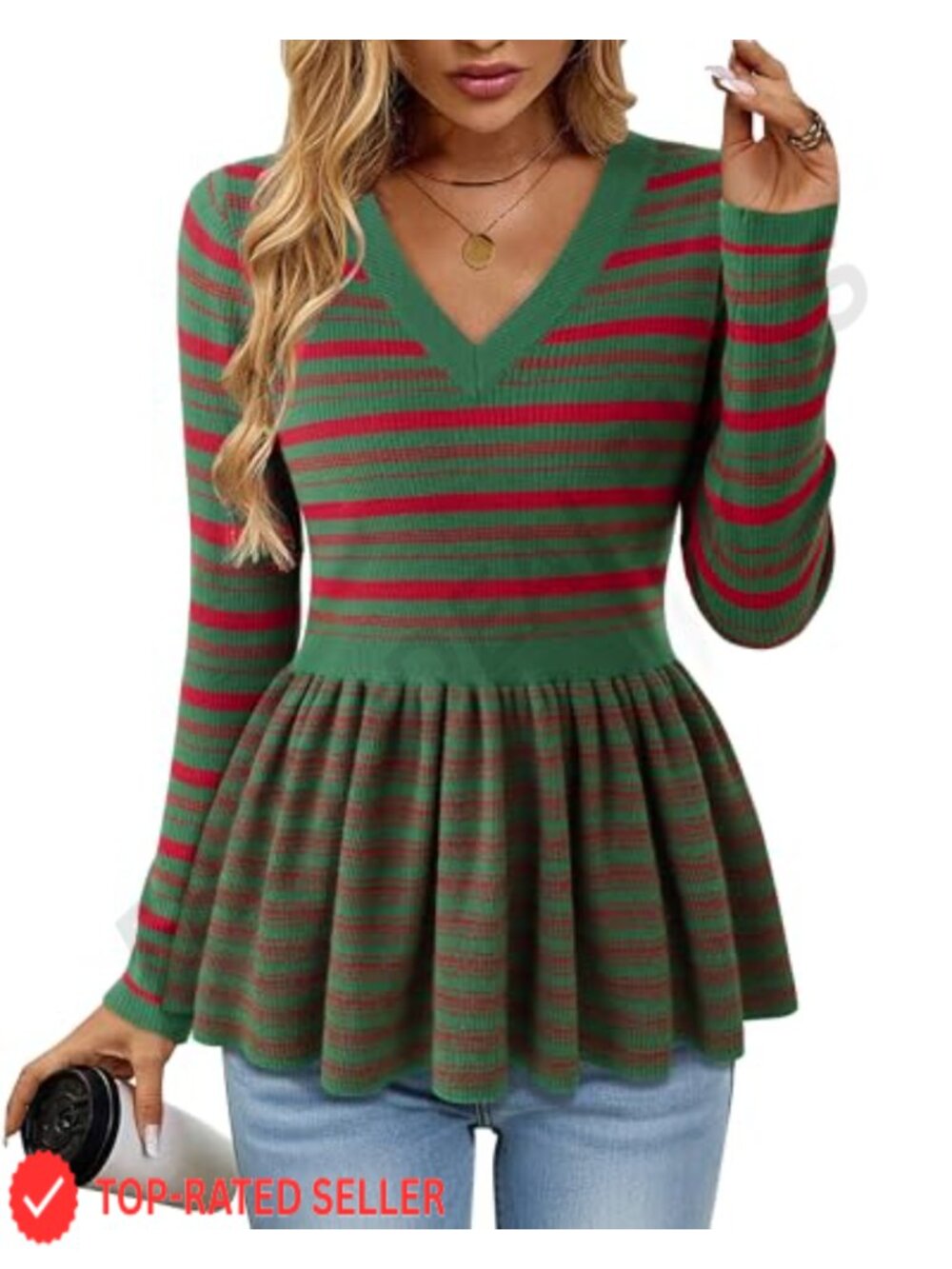 V-Neck Long Sleeve Peplum Pullover Sweater w/ Ruffled Hem